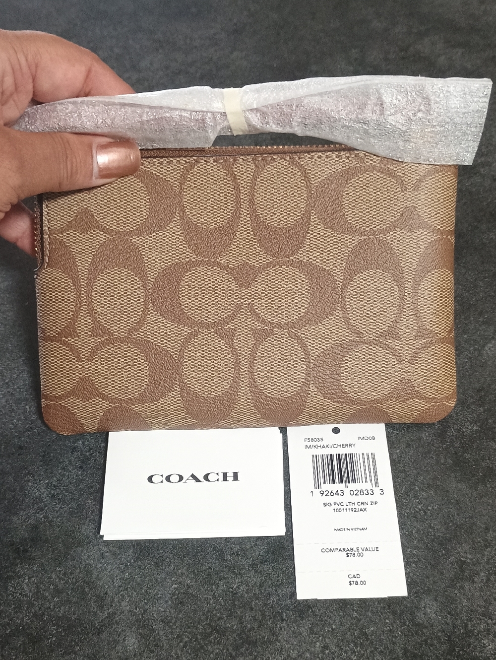 Coach Brown Signature Canvas Wristlet with Burgundy Trim - Picture 6 of 6